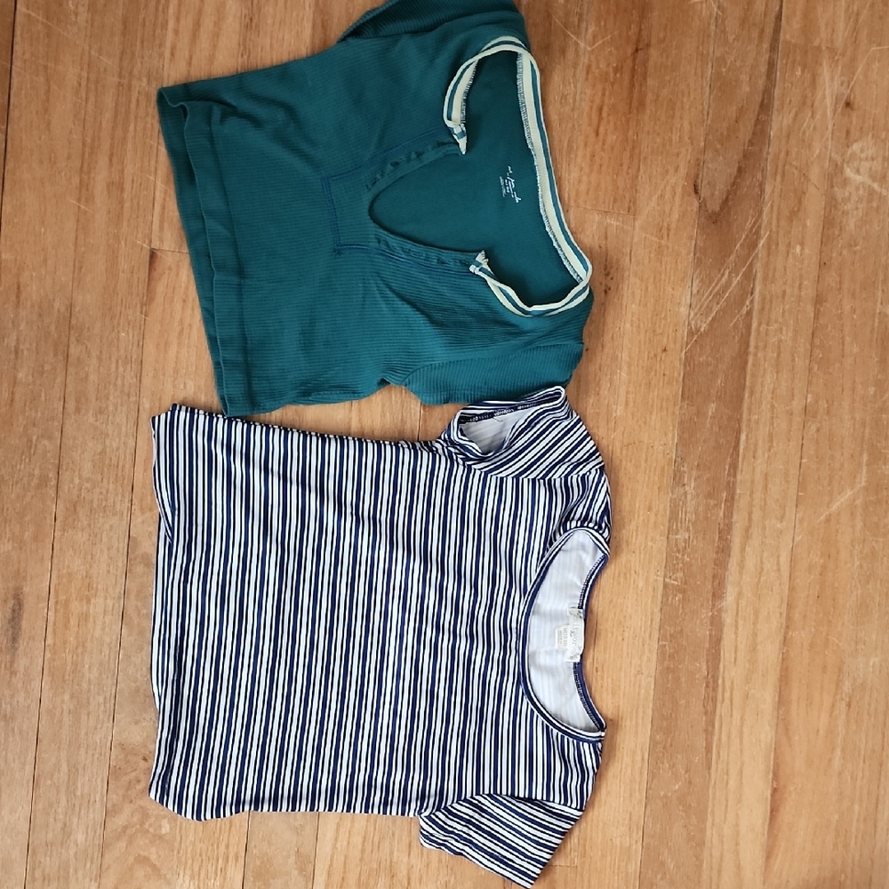 Striped and Solid Teal T-Shirts Cropped Small